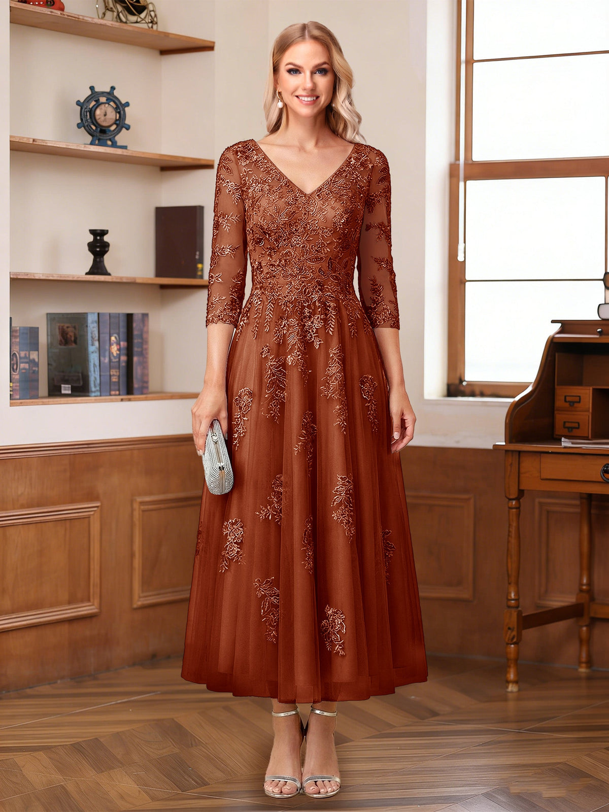 Caroline Claire Burnt Orange front view mother of the bride dress