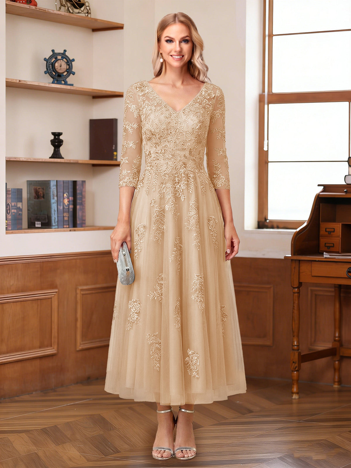 Caroline Claire Champagne back view mother of the bride dress