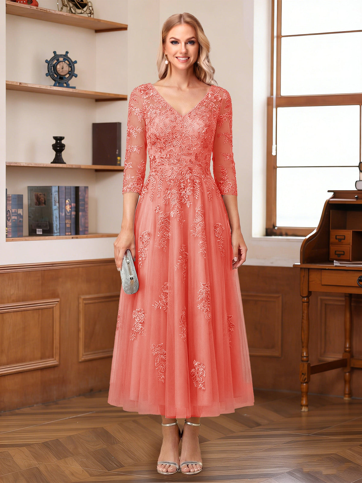 Caroline Claire Coral front view mother of the bride dress
