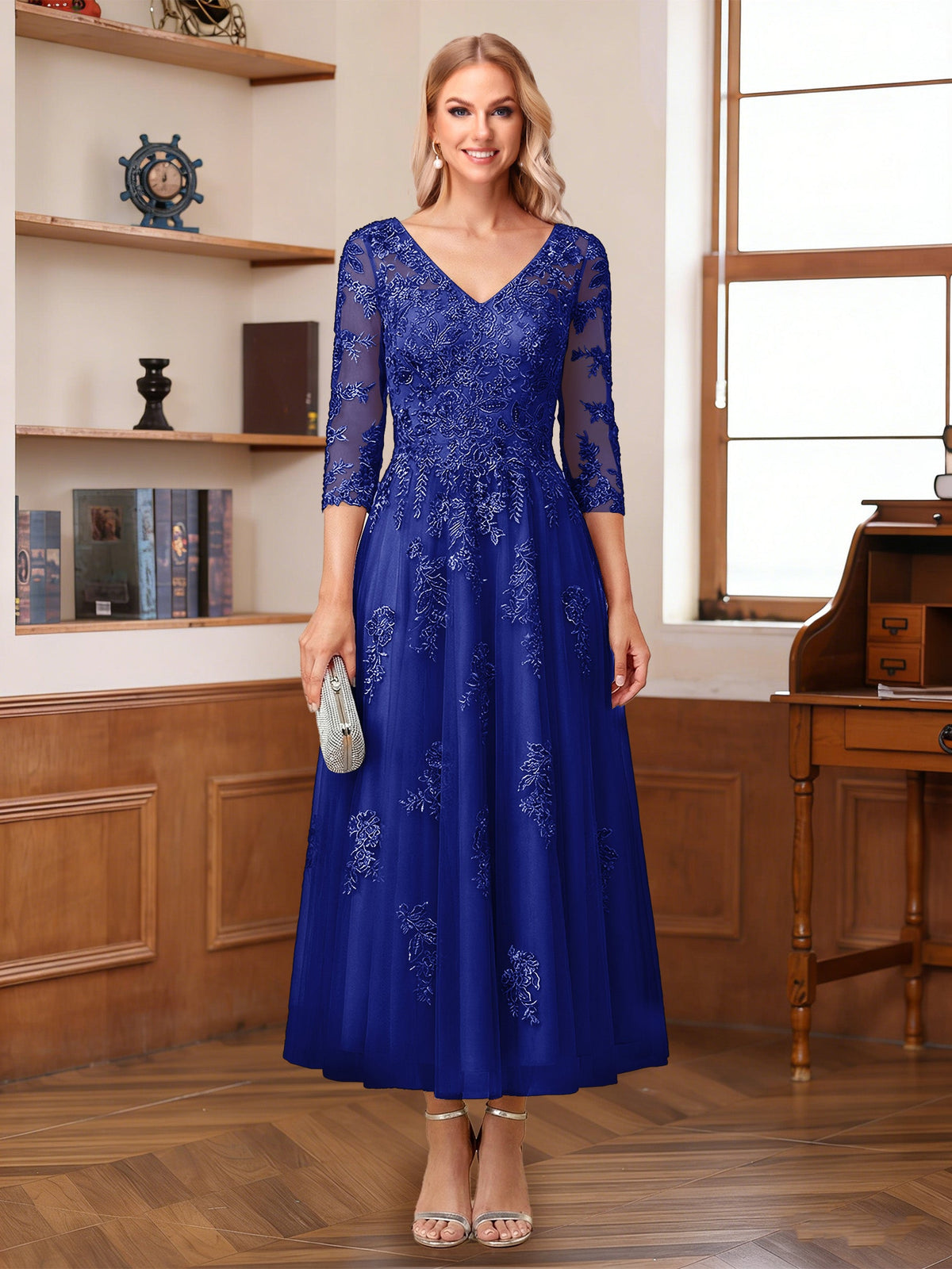 Caroline Claire Royal Blue front view mother of the bride dress