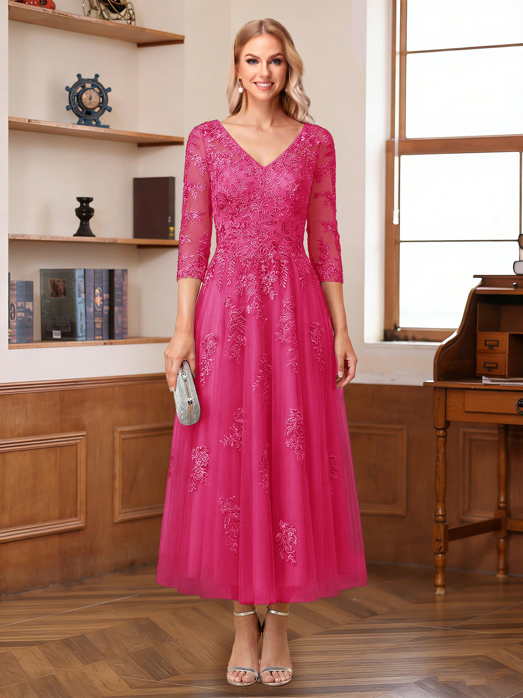 Caroline Claire Fuchsia front view mother of the bride dress