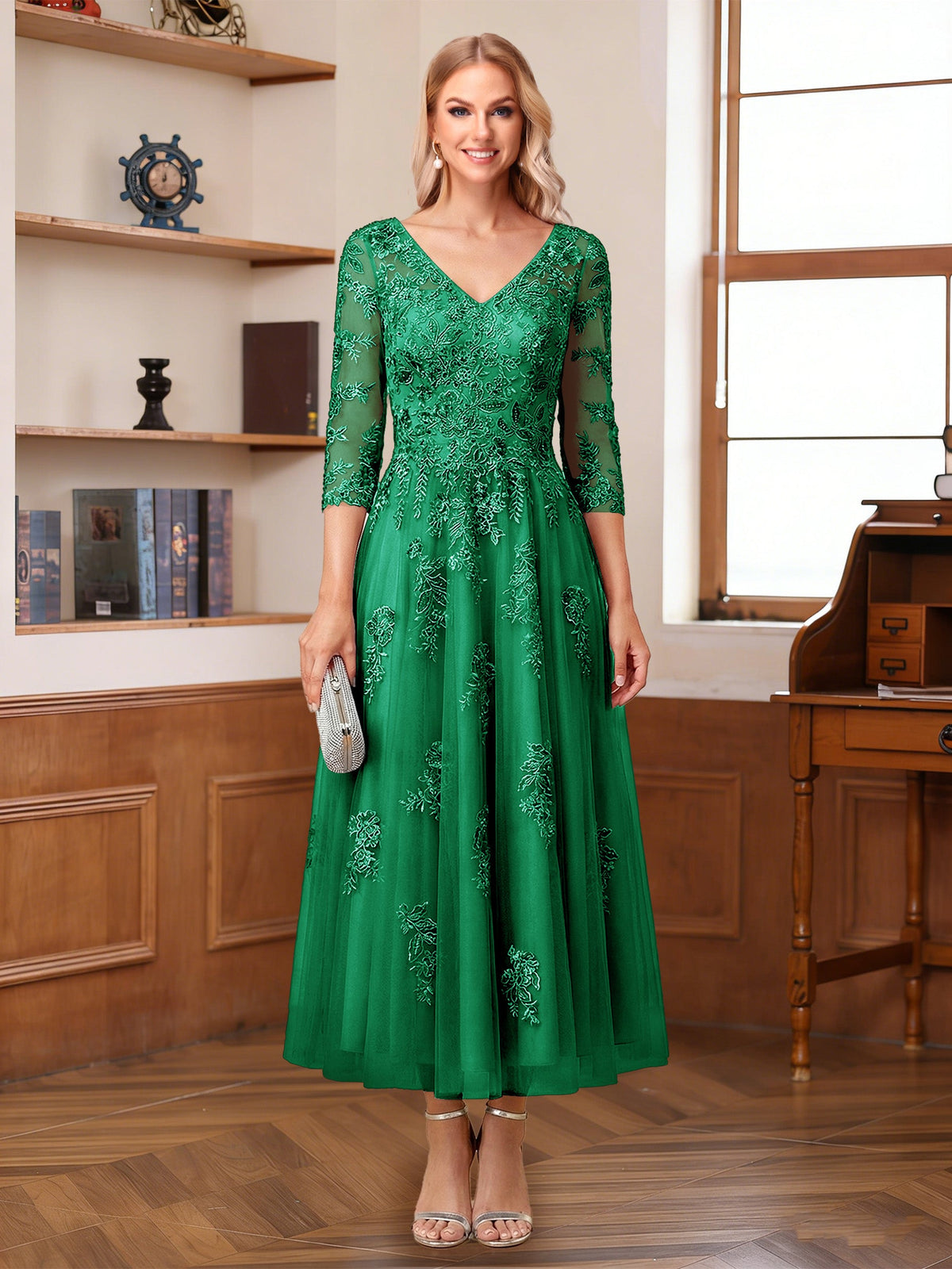 Caroline Claire Forest Green front view mother of the bride dress