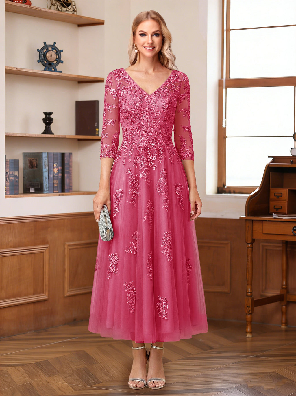 Caroline Claire Hot Pink front view mother of the bride dress