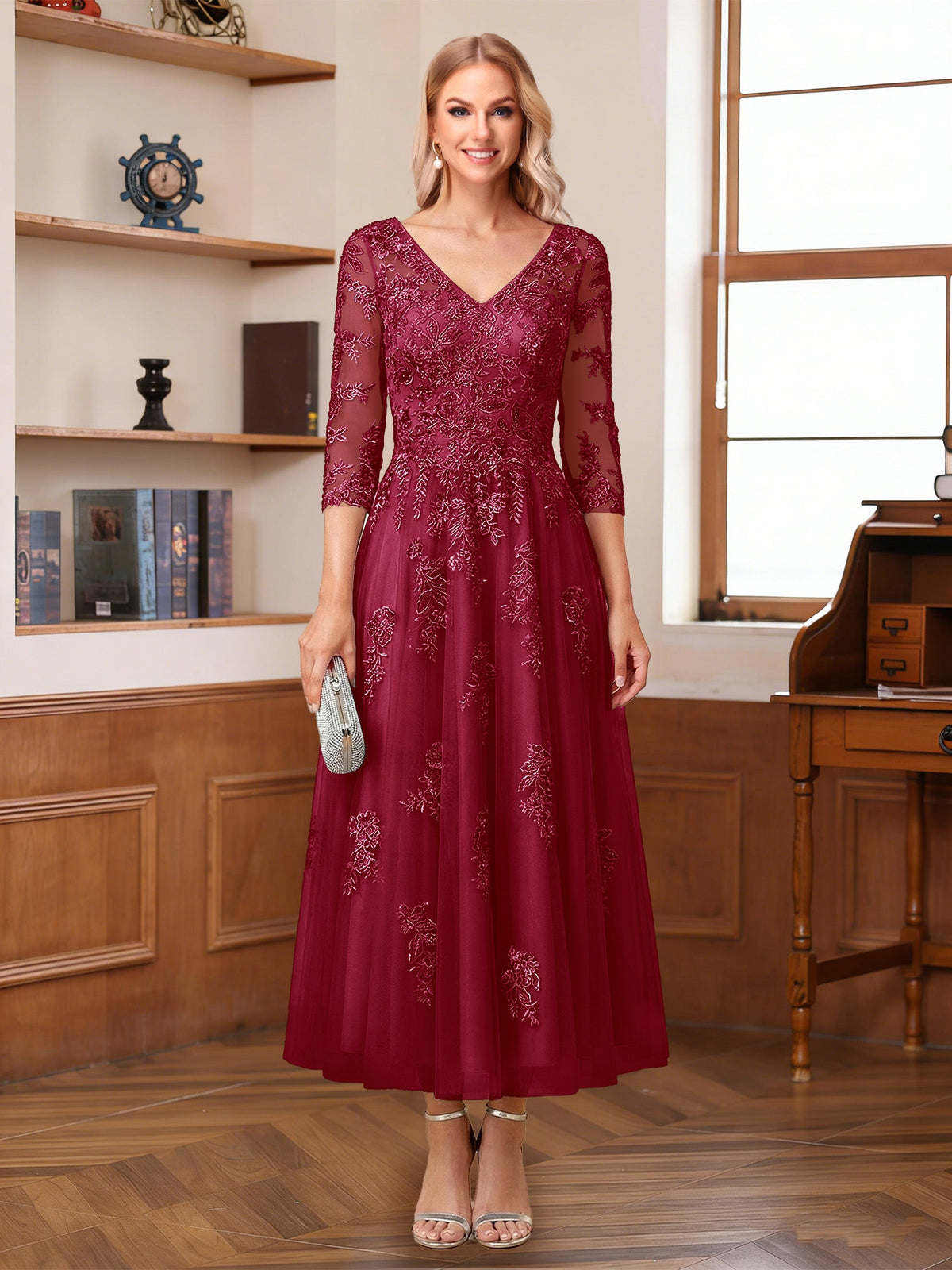 Caroline Claire Burgundy back view mother of the bride dress