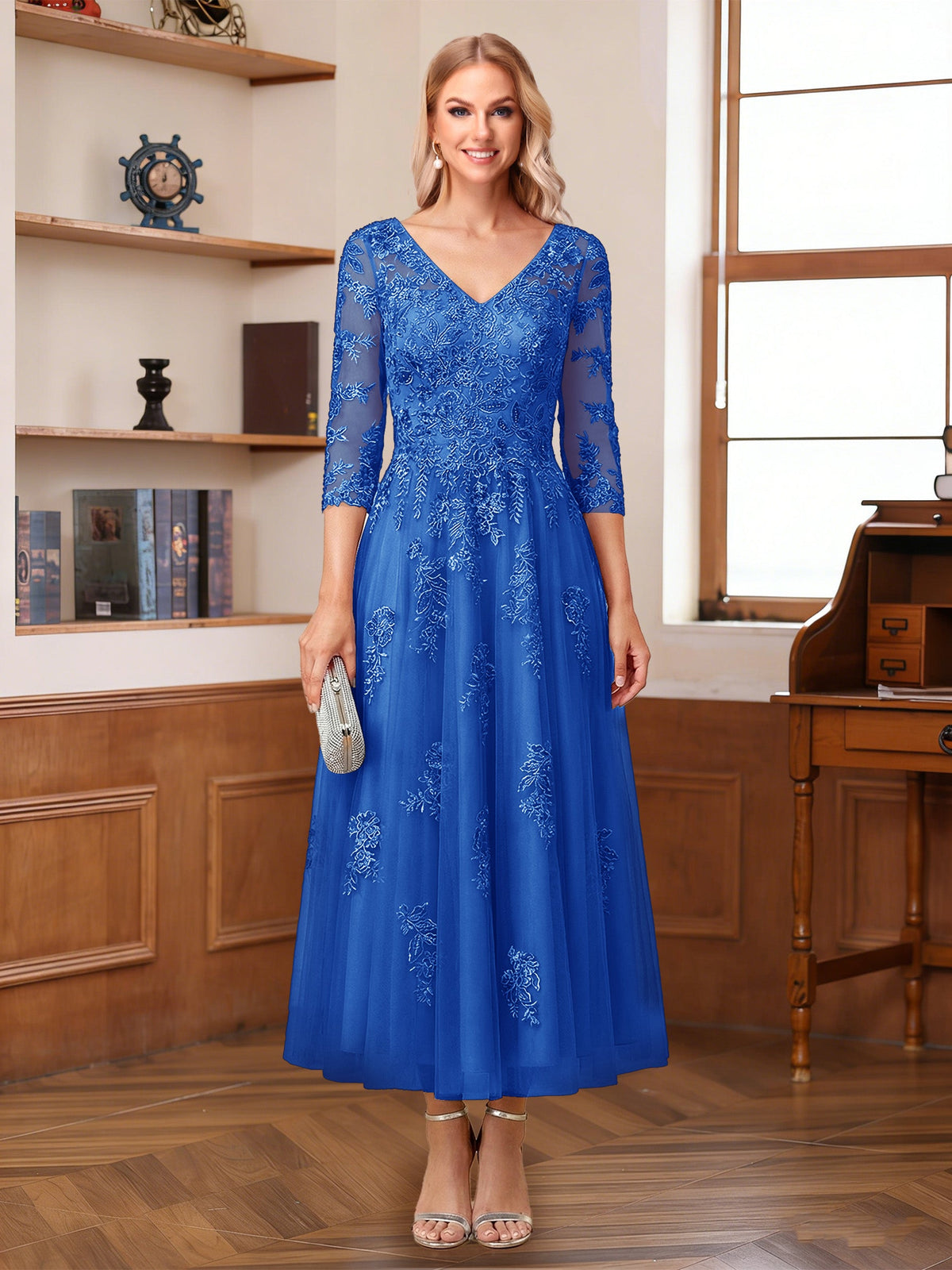 Caroline Claire Royal Blue back view mother of the bride dress