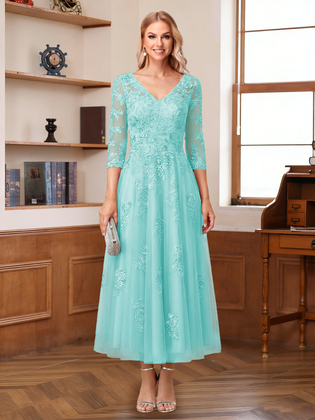 Caroline Claire Sky Blue back view mother of the bride dress