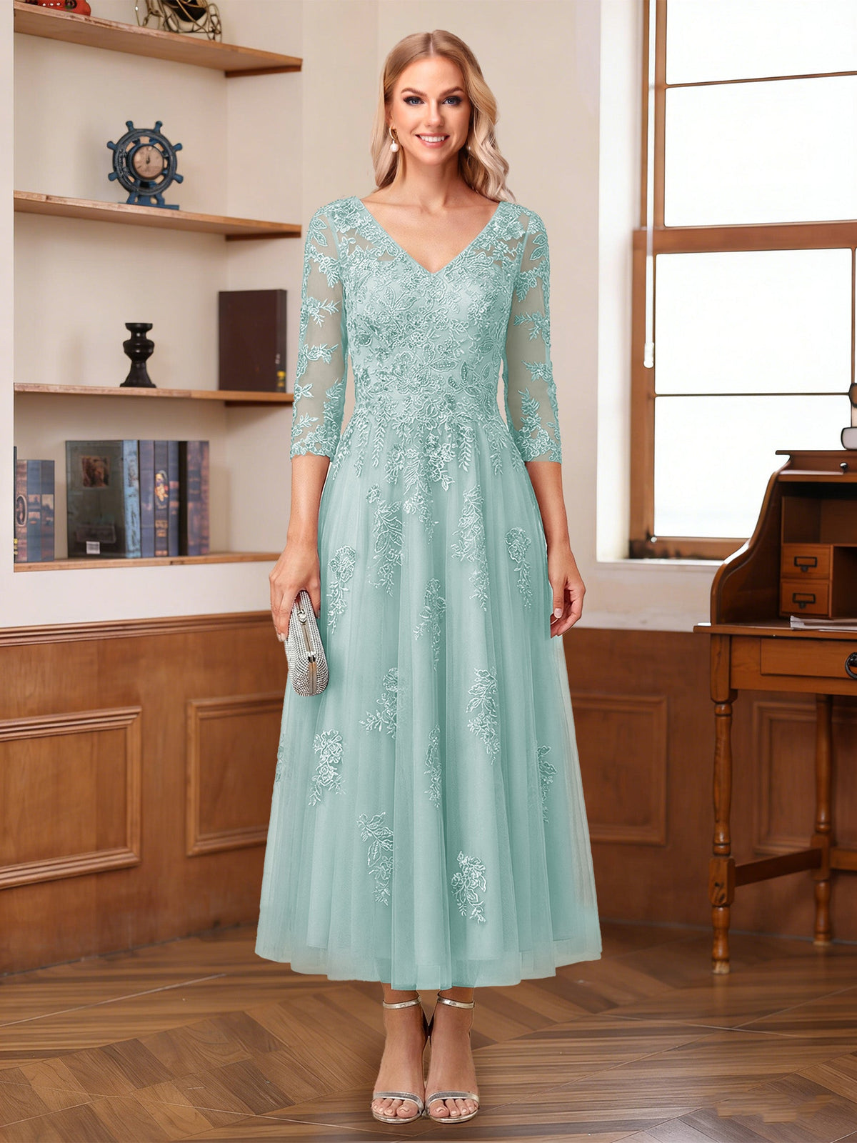 Caroline Claire Pool Blue front view mother of the bride dress