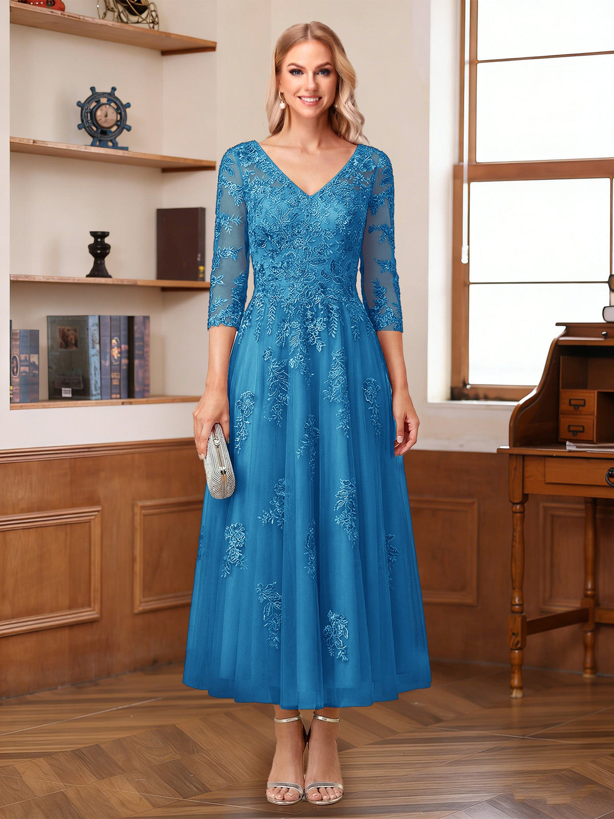 Caroline Claire Ocean Blue front view mother of the bride dress