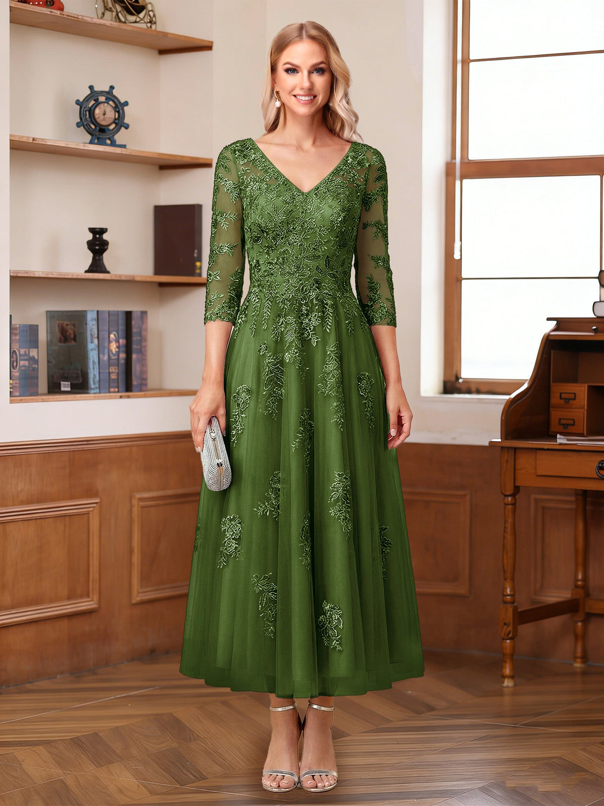 Caroline Claire Olive Green front view mother of the bride dress