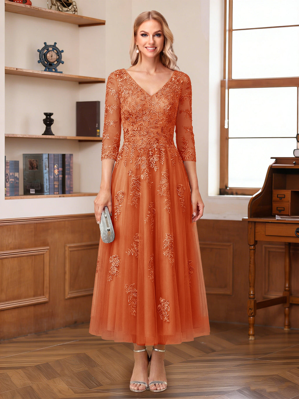 Caroline Claire Orange front view mother of the bride dress