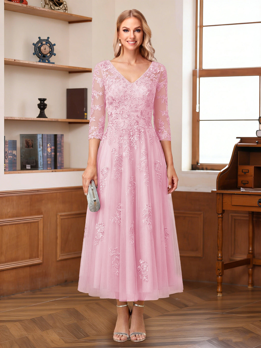 Caroline Claire Rose Pink front view mother of the bride dress