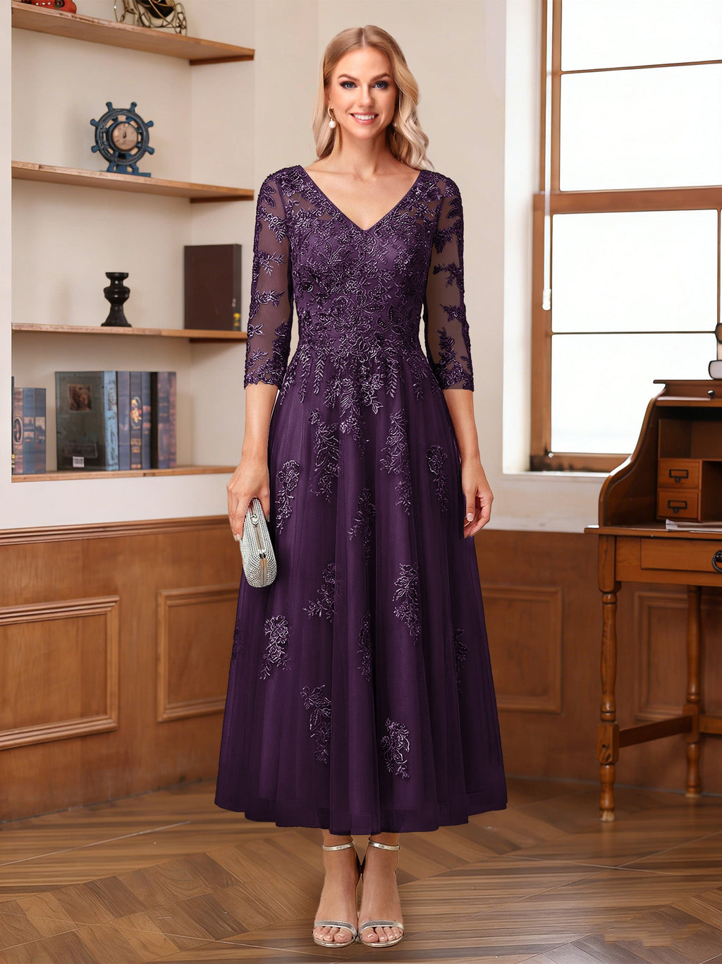 Caroline Claire Plum back view mother of the bride dress