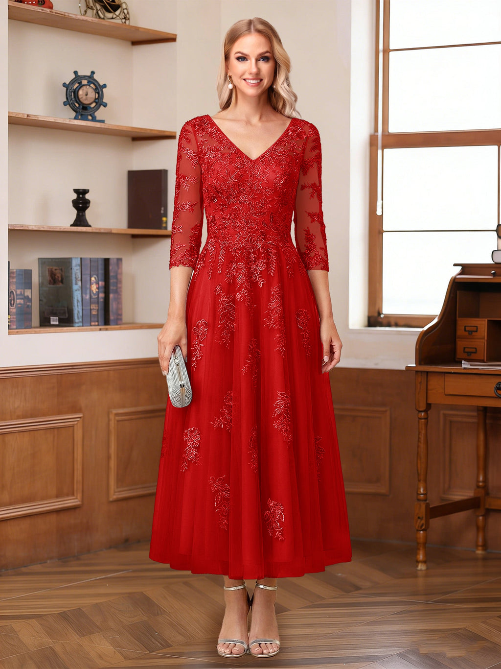Caroline Claire Red front view mother of the bride dress