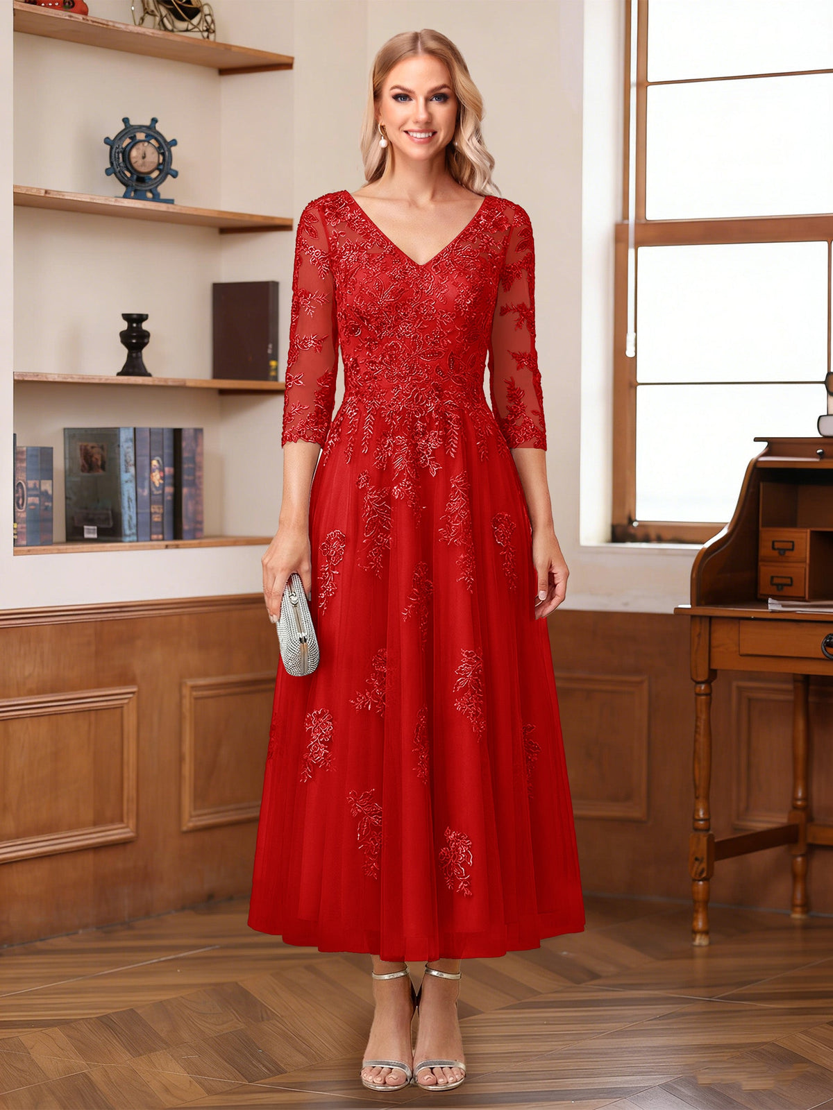 Caroline Claire Red front view mother of the bride dress