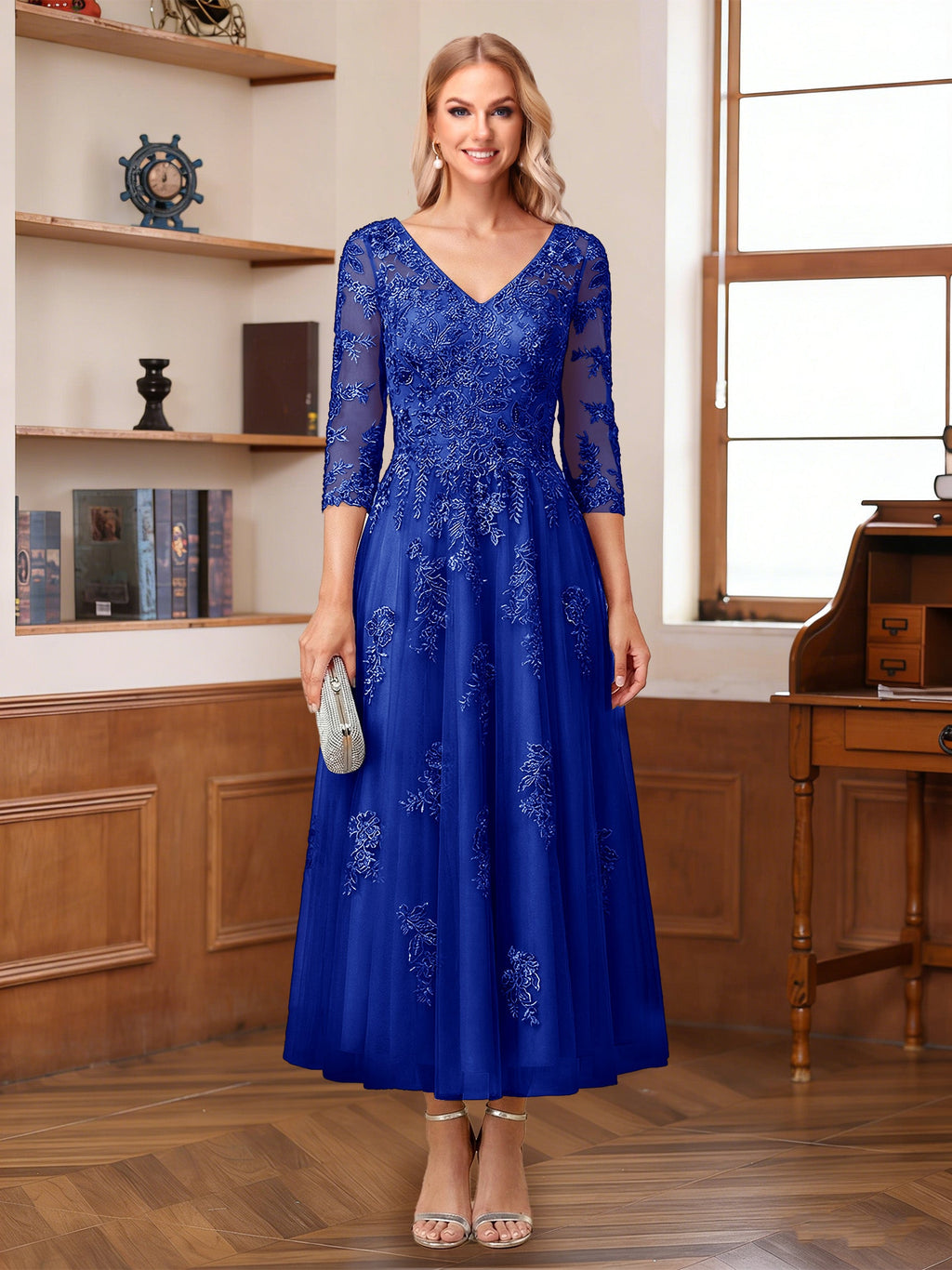 Caroline Claire Royal Blue side view mother of the bride dress