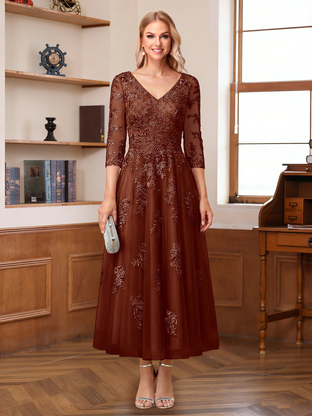 Caroline Claire Rust front view mother of the bride dress