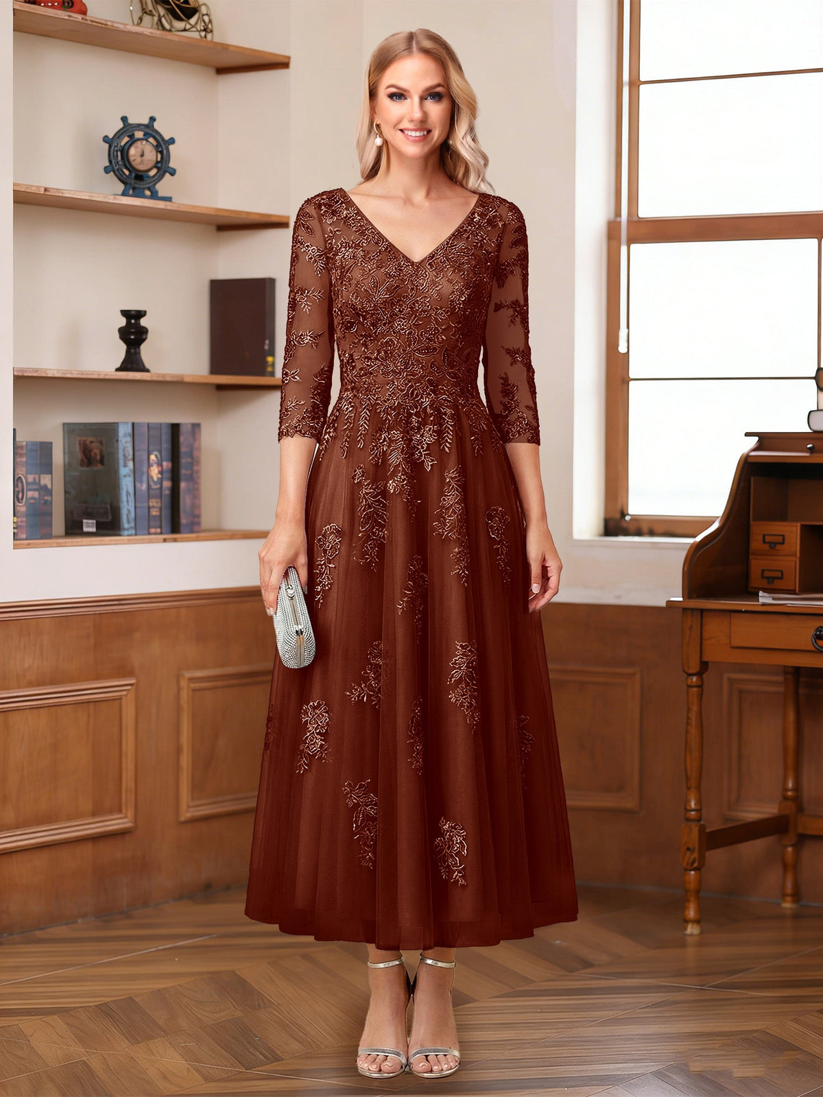 Caroline Claire Rust front view mother of the bride dress