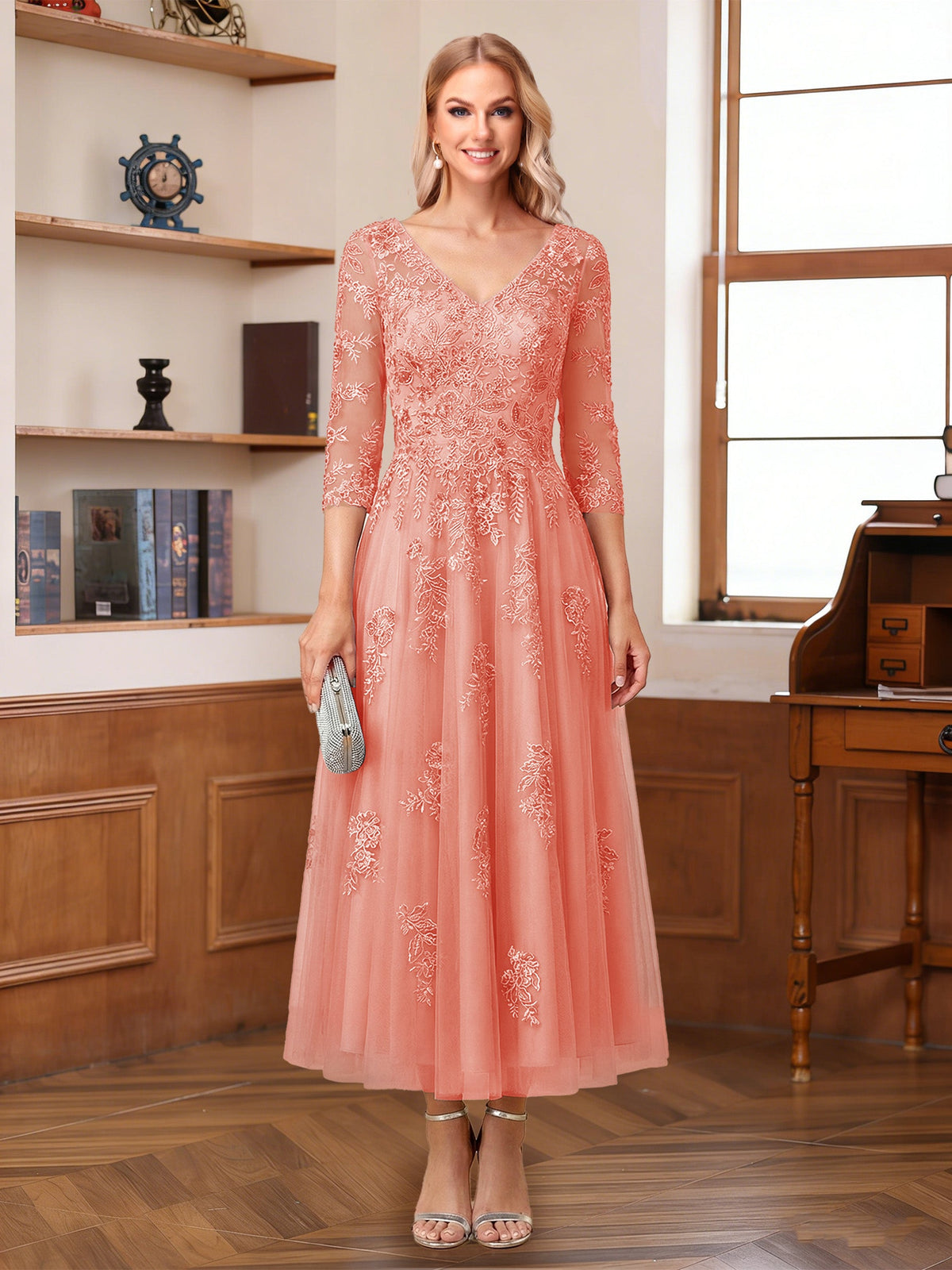Caroline Claire Coral back view mother of the bride dress