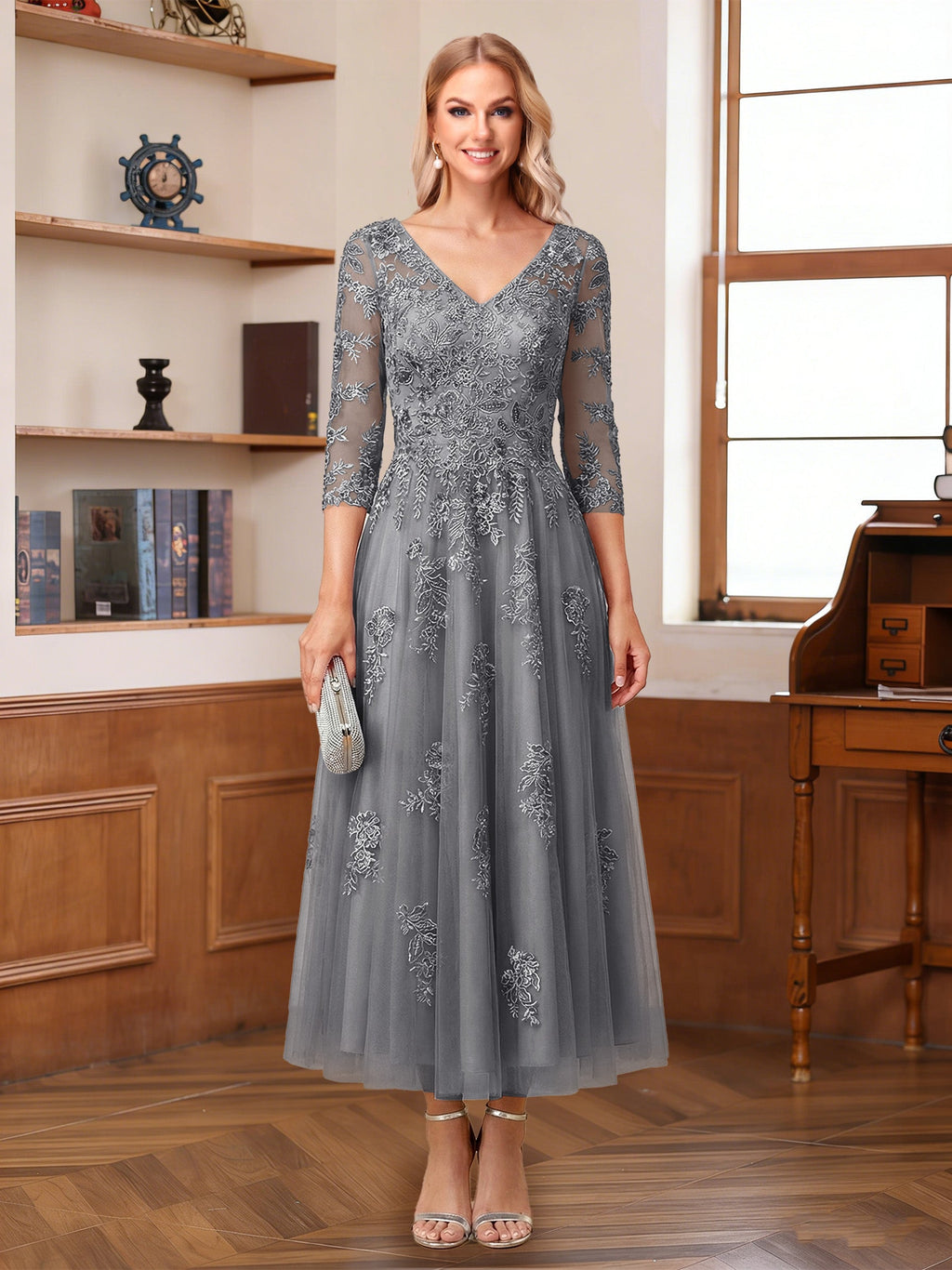 Caroline Claire Steel Grey front view mother of the bride dress