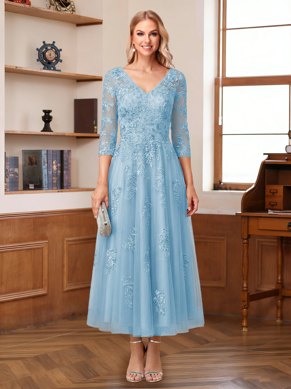 Caroline Claire Sky Blue side view mother of the bride dress