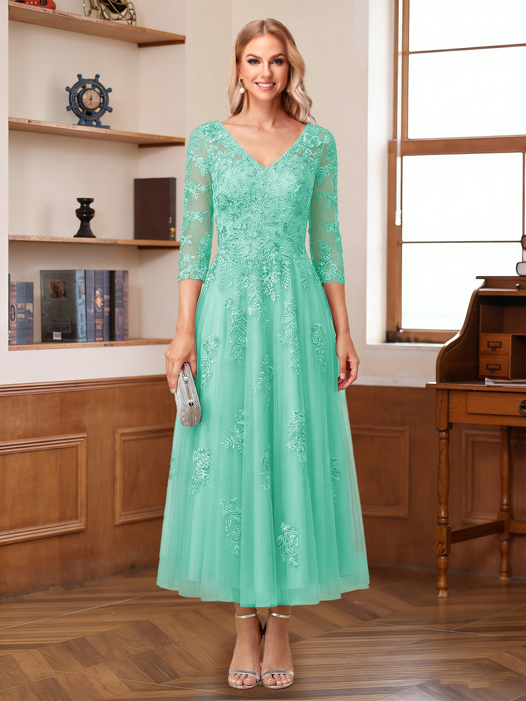Caroline Claire Pool Blue back view mother of the bride dress