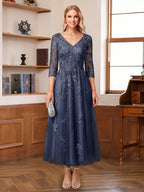 Caroline Claire Dusty Blue front view mother of the bride dress