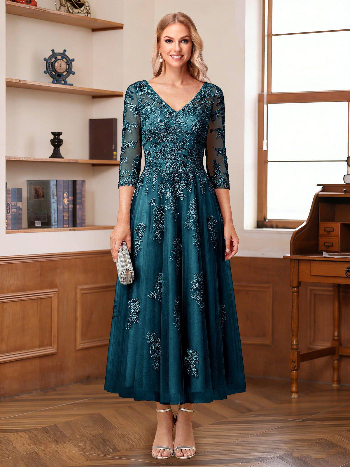 Caroline Claire Teal front view mother of the bride dress