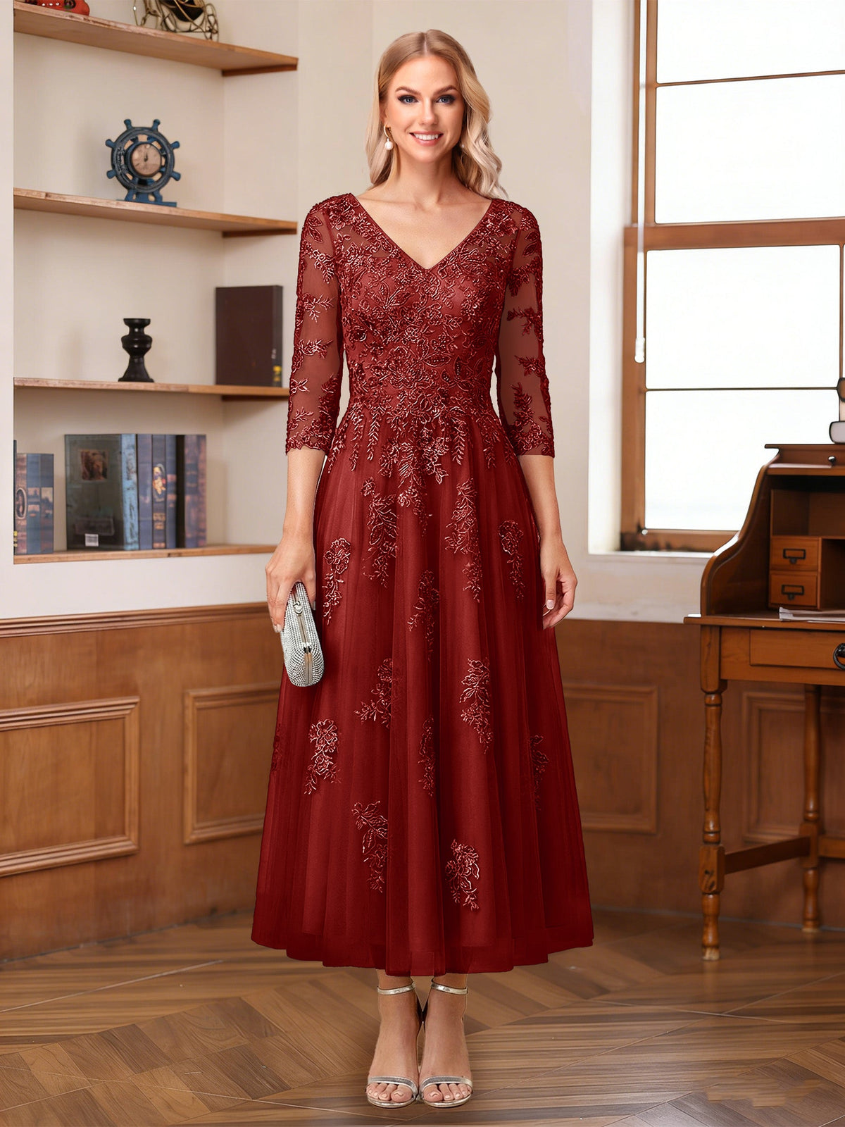 Caroline Claire Burgundy side view mother of the bride dress