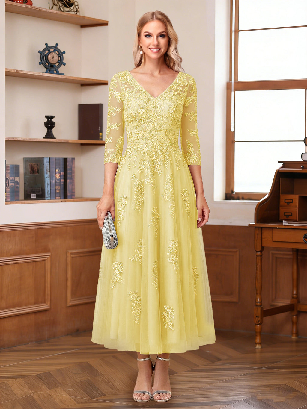 Caroline Claire Yellow front view mother of the bride dress