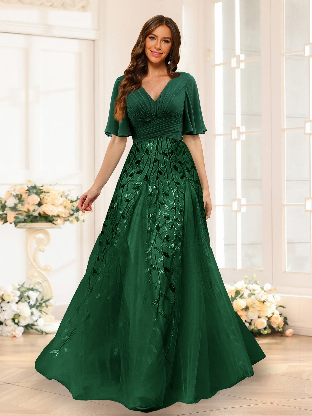 Seraphine Hunter Green front view bridesmaid dress