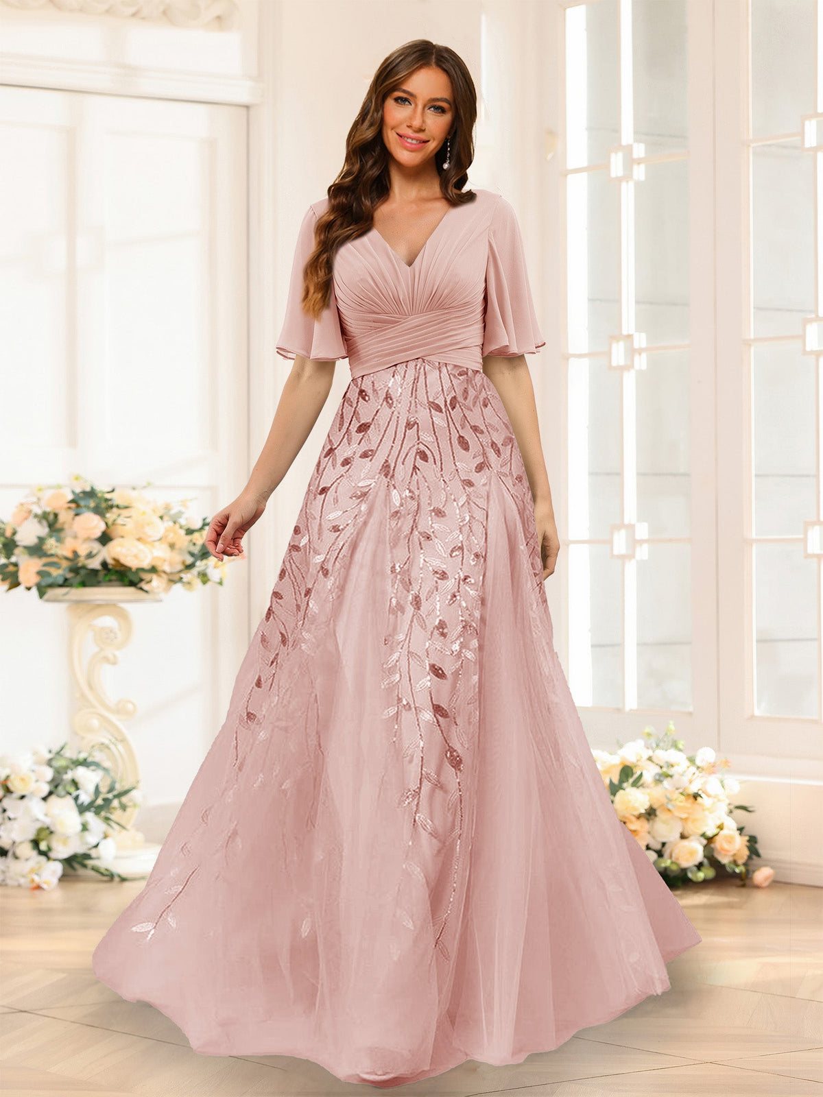 Seraphine Dusty Rose front view bridesmaid dress
