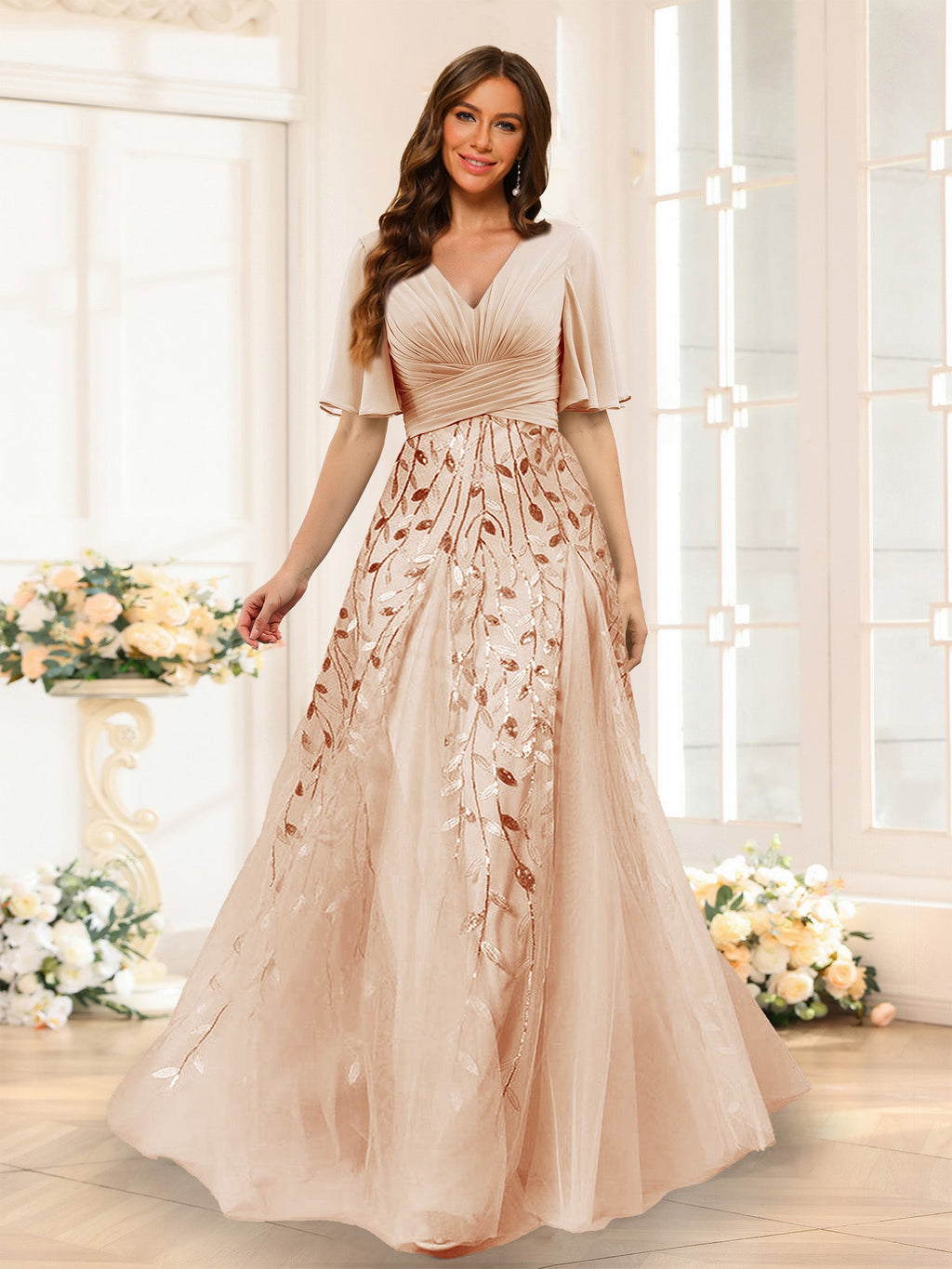 Seraphine Peach front view bridesmaid dress