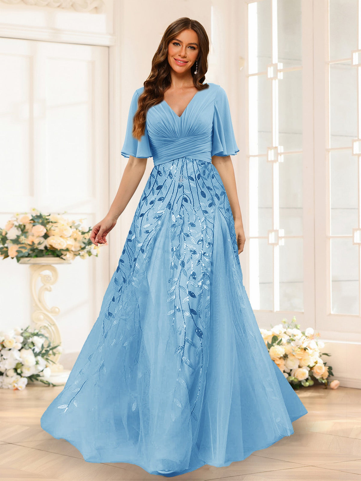 Seraphine Sky Blue front view bridesmaid dress