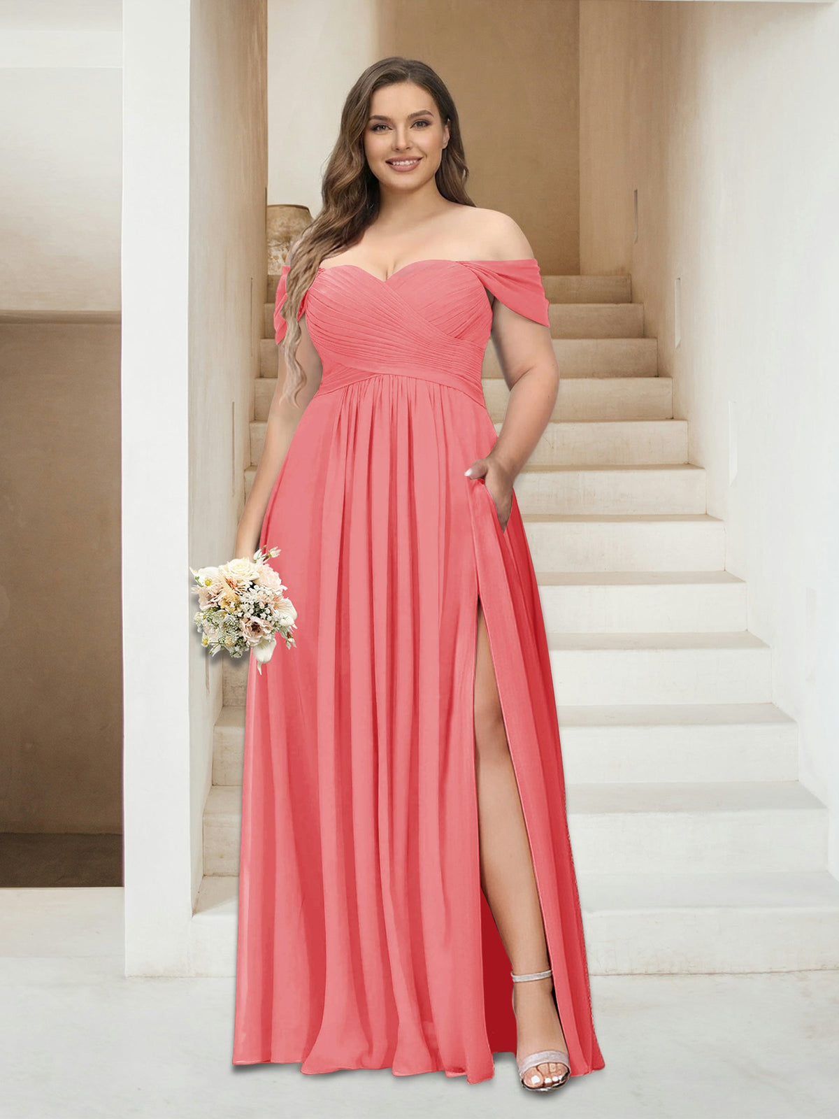 Wren Coral front view bridesmaid dress