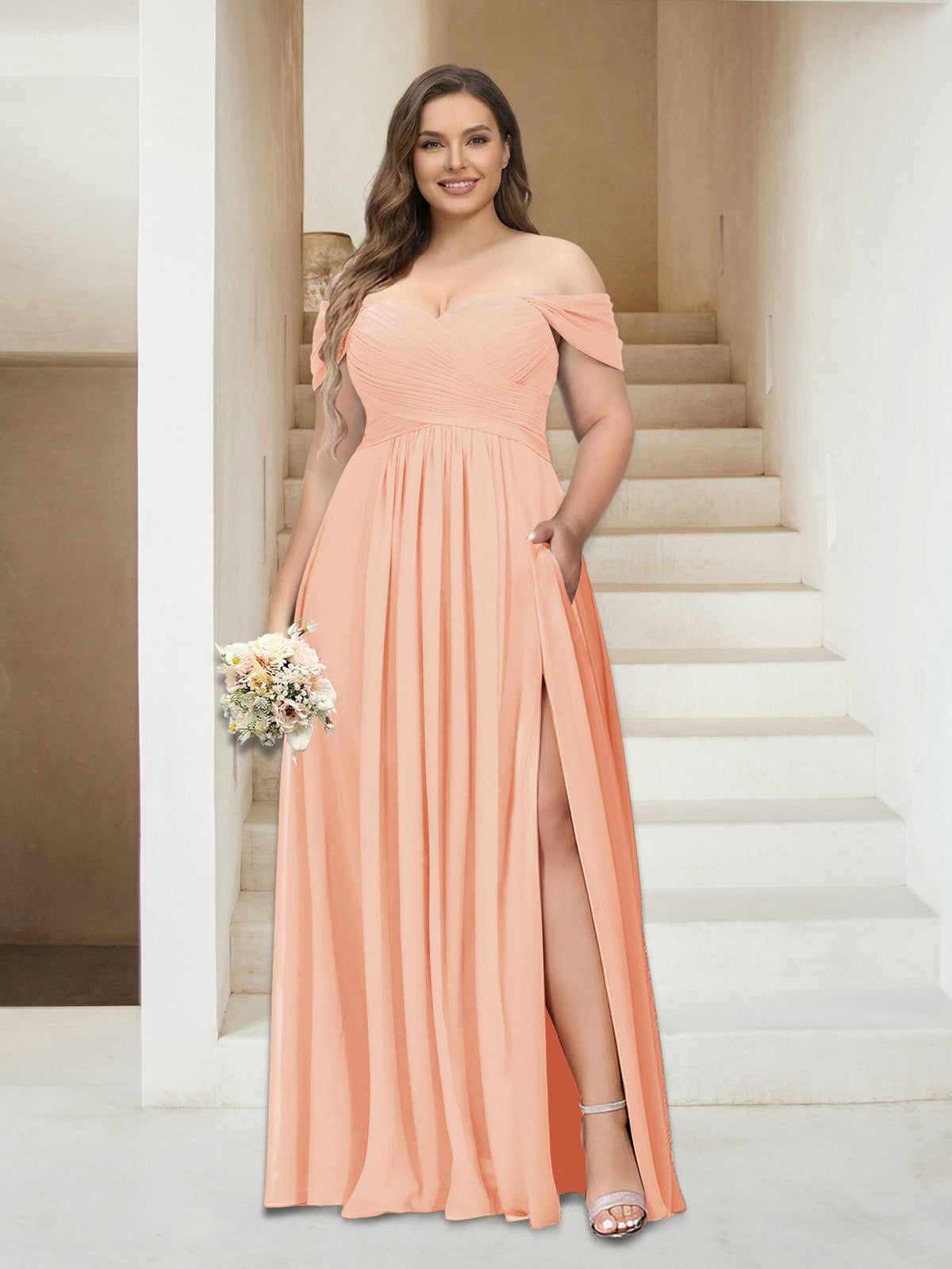 Wren Peach front view bridesmaid dress