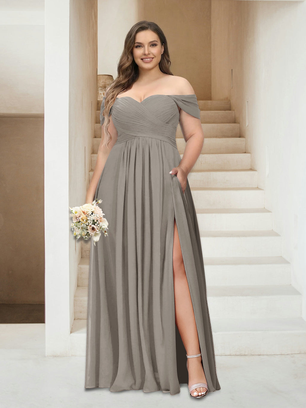 Wren Taupe front view bridesmaid dress