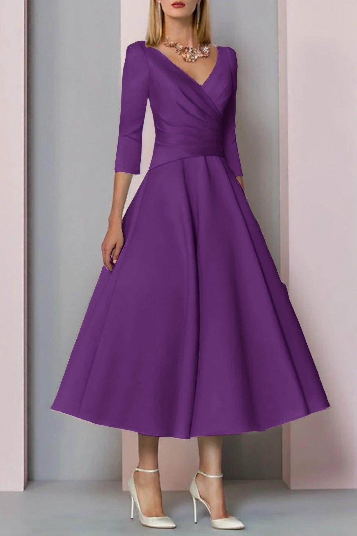 Elegant A Line Tea Length Satin Mother Dress Mother of the Bride Dress