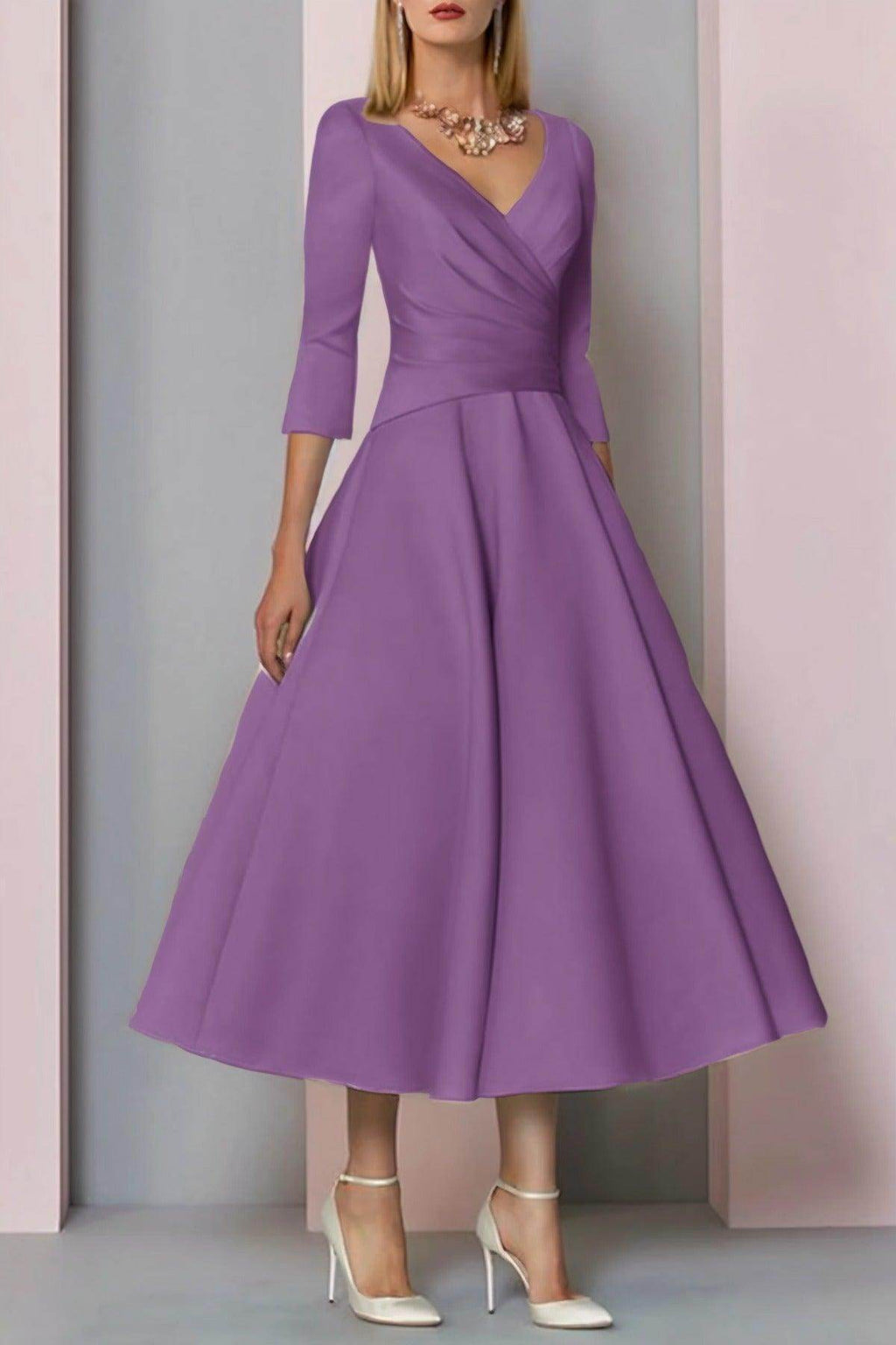 Elegant A Line Tea Length Satin Mother Dress Mother of the Bride Dress