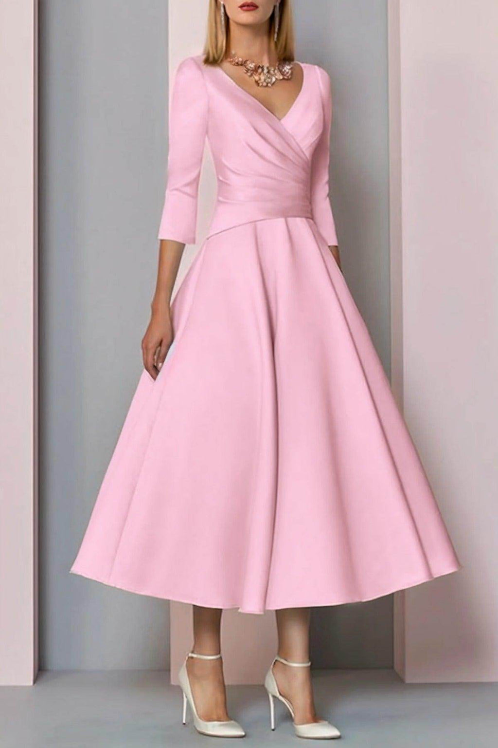 Elegant A Line Tea Length Satin Mother Dress Mother of the Bride Dress