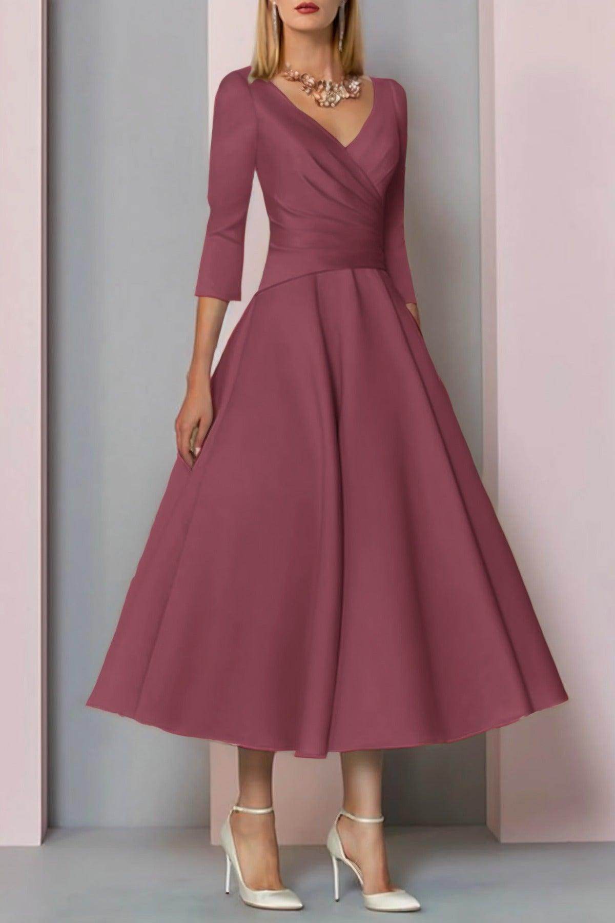 Elegant A Line Tea Length Satin Mother Dress Mother of the Bride Dress