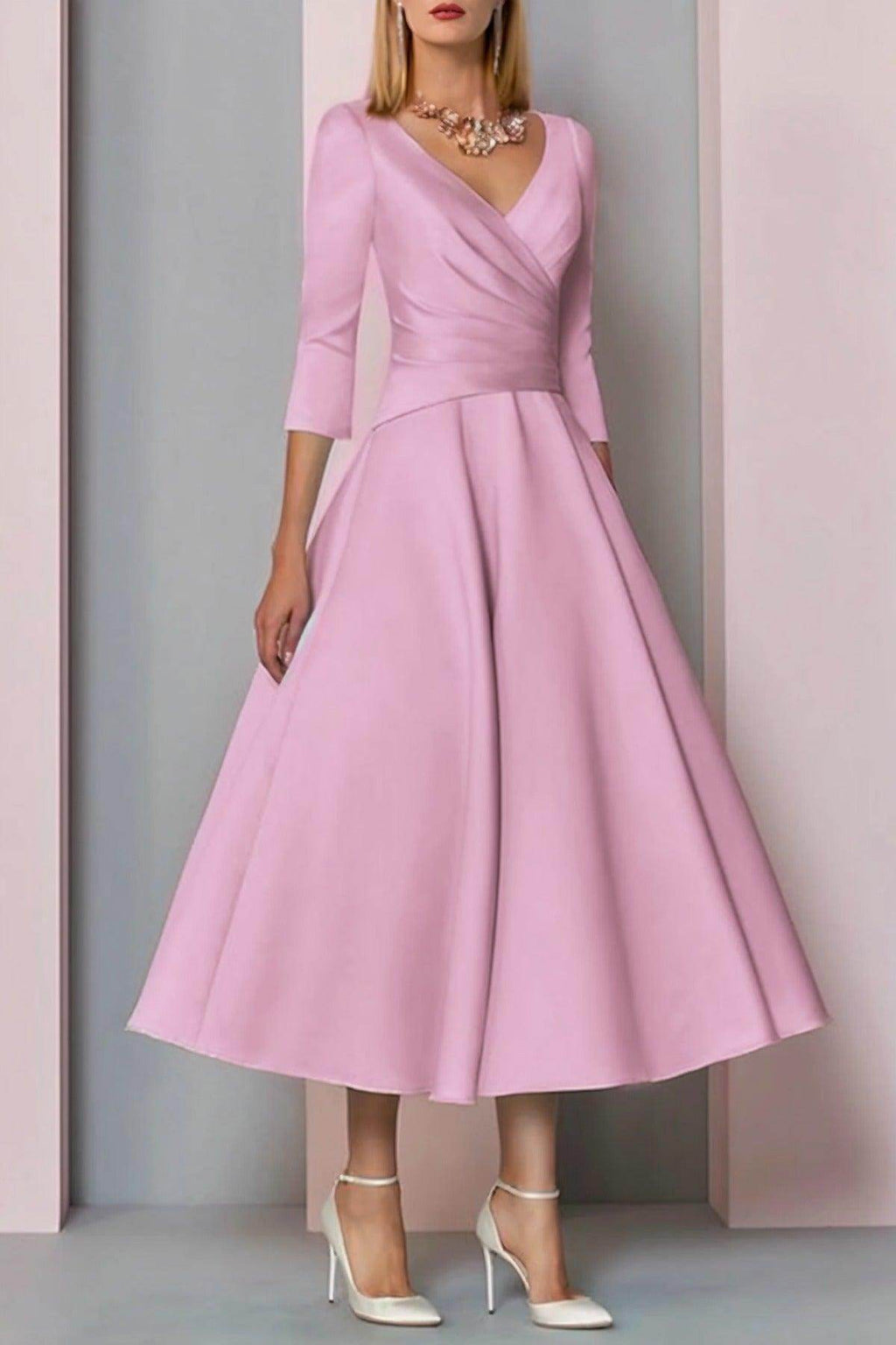 Elegant A Line Tea Length Satin Mother Dress Mother of the Bride Dress