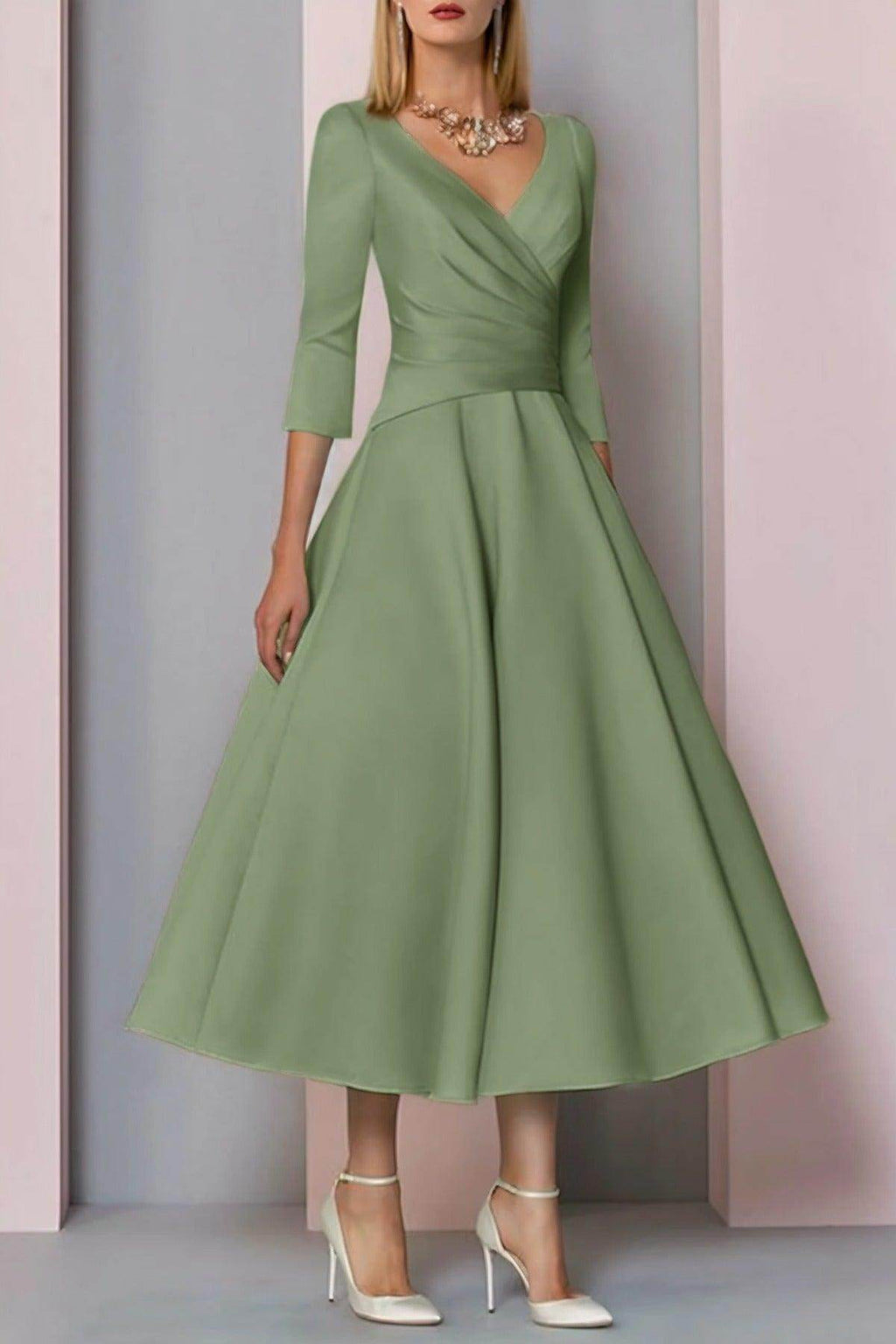Elegant A Line Tea Length Satin Mother Dress Mother of the Bride Dress