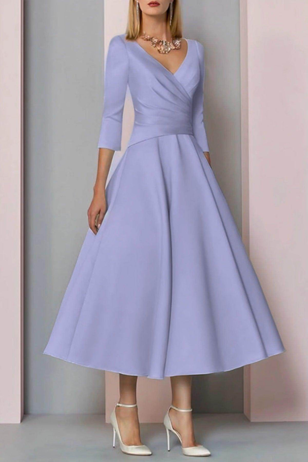 Elegant A Line Tea Length Satin Mother Dress Mother of the Bride Dress