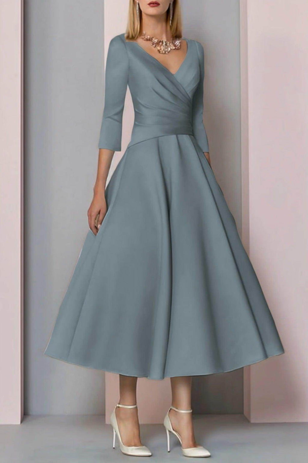 Elegant A Line Tea Length Satin Mother Dress Mother of the Bride Dress