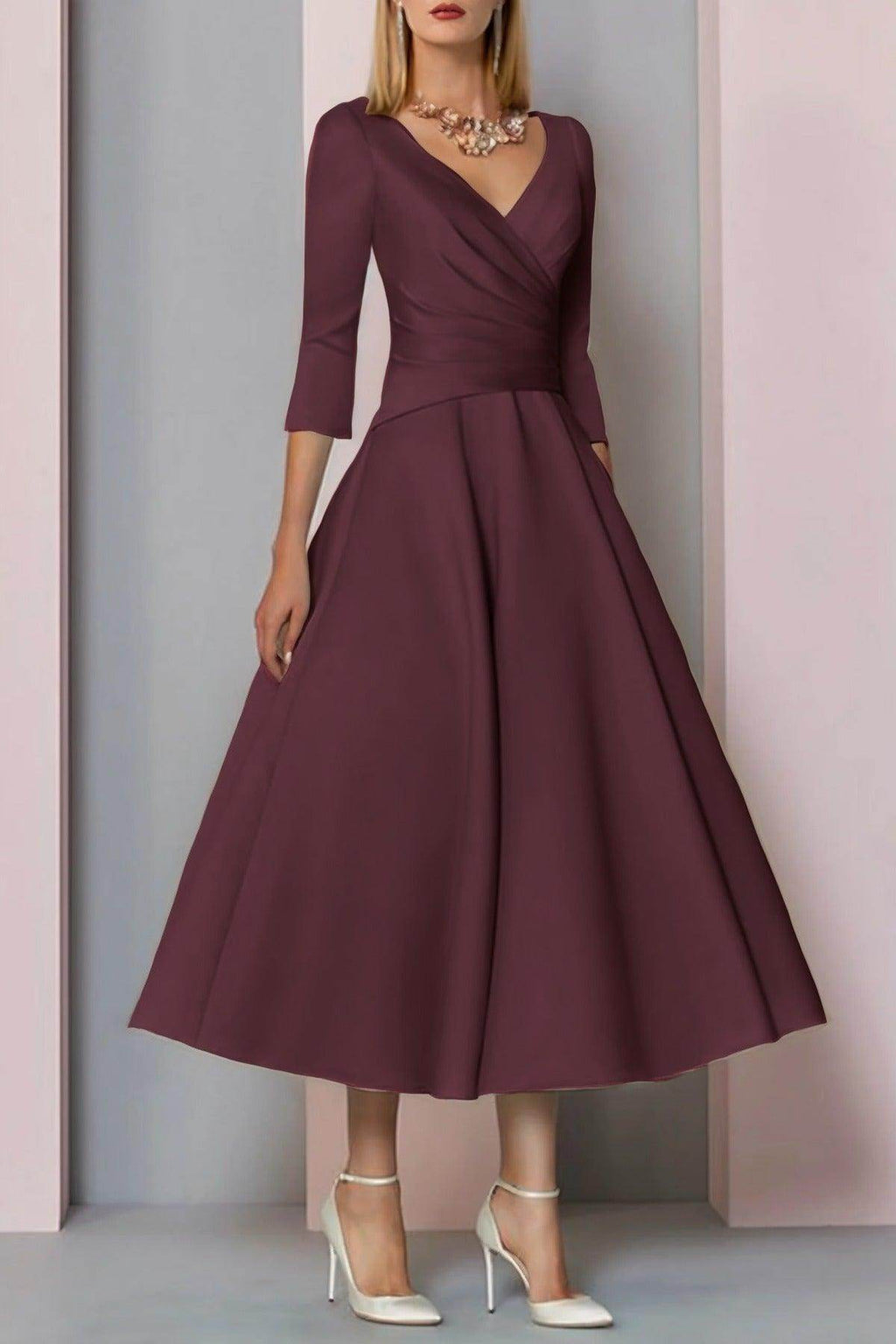 Elegant A Line Tea Length Satin Mother Dress Mother of the Bride Dress