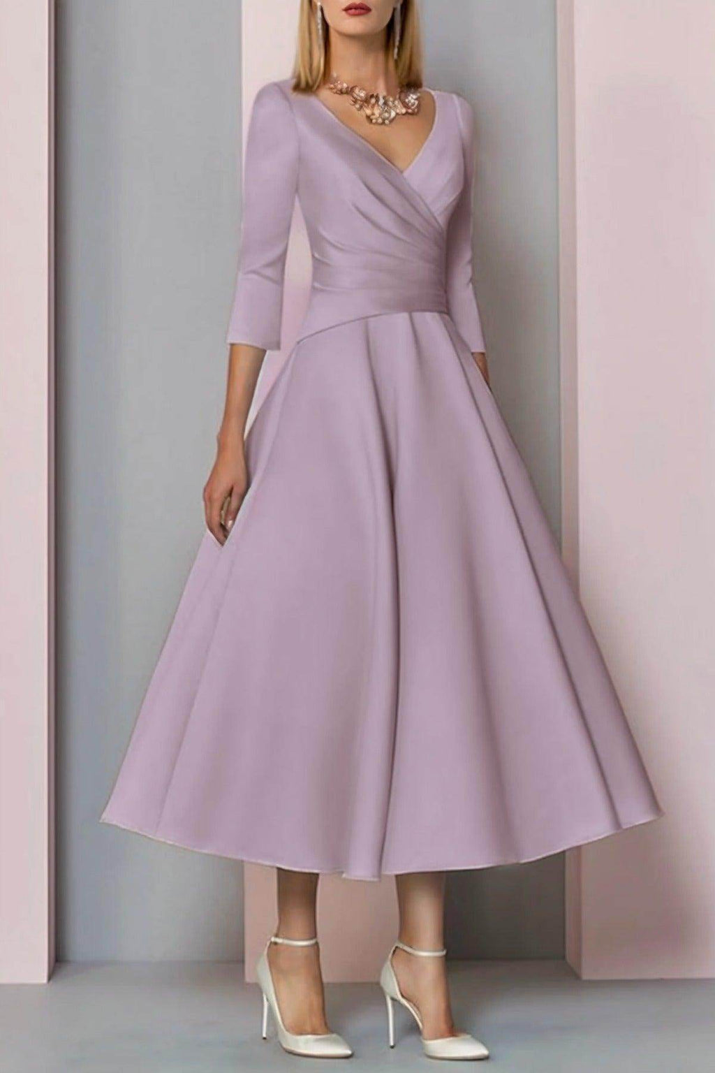 Elegant A Line Tea Length Satin Mother Dress Mother of the Bride Dress