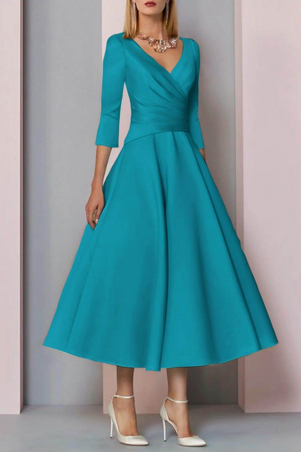 Elegant A Line Tea Length Satin Mother Dress Mother of the Bride Dress