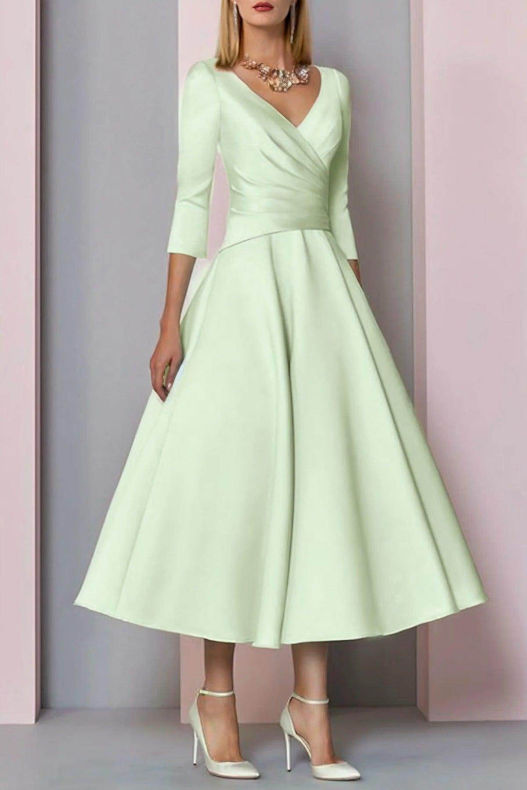 Elegant A Line Tea Length Satin Mother Dress Mother of the Bride Dress