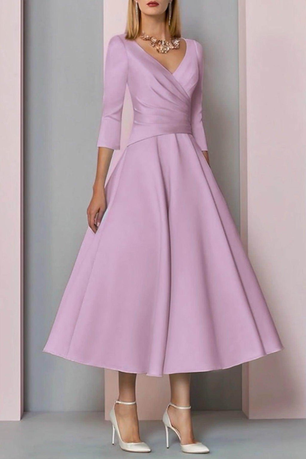 Elegant A Line Tea Length Satin Mother Dress Mother of the Bride Dress