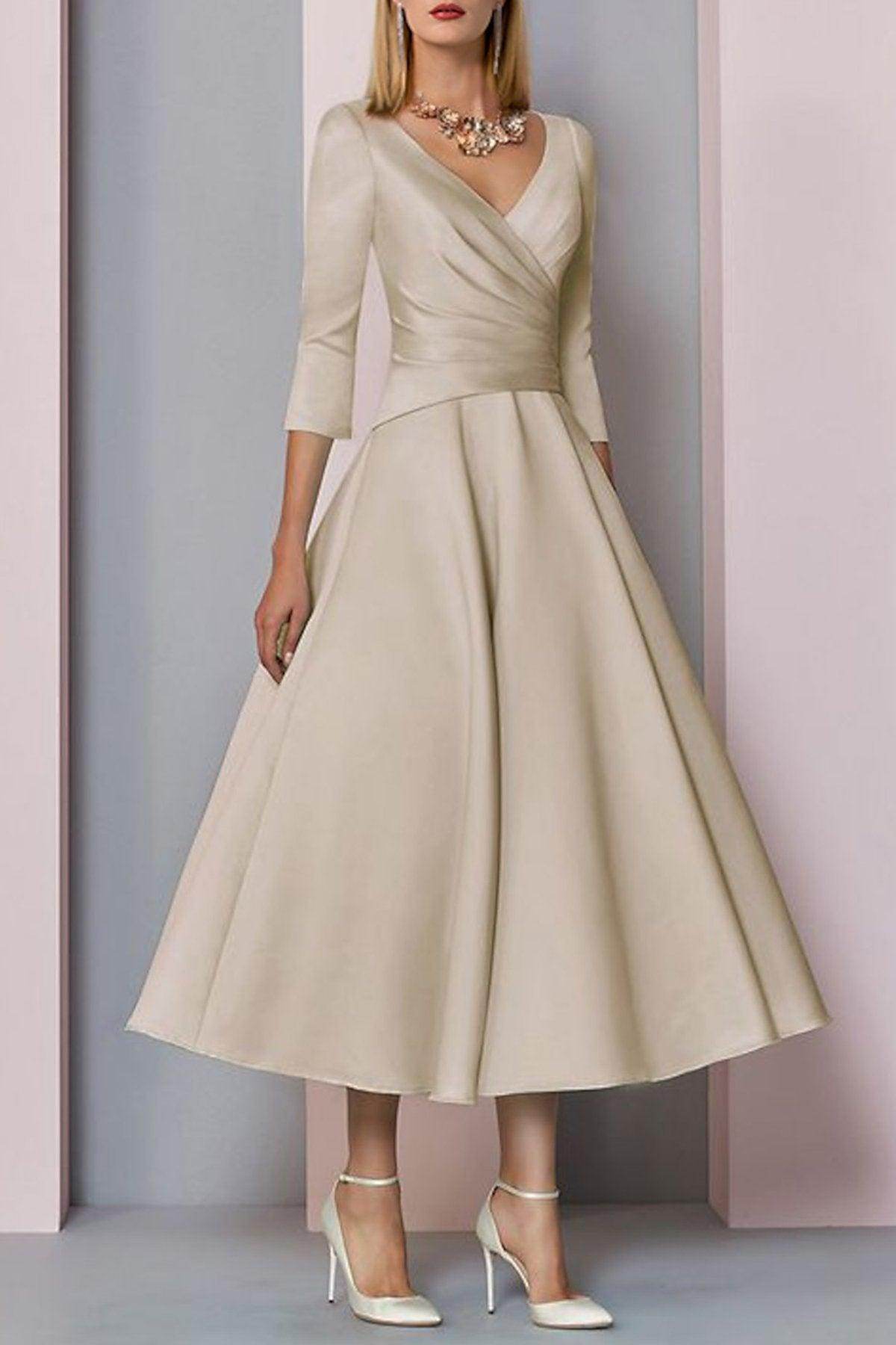 Elegant A Line Tea Length Satin Mother Dress Mother of the Bride Dress